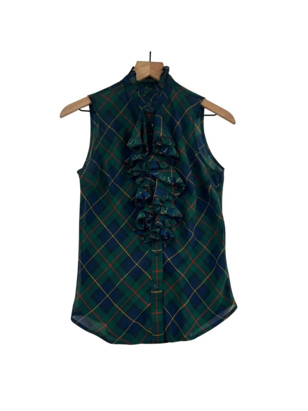 Lauren Ralph Lauren Blouse Women's XS Multicolor Tartan Plaid Ruffled Sheer